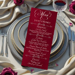 Wedding Menu & Thank You - Burgundy<br><div class="desc">The Wedding Menu is on the front and a Thank You message for your guests is on the back. Designed to coordinate with the "Romantic Scroll Hearts & Calligraphy" Wedding Collection. To change details, click «Personalize». To move the text or change the text size, font, or color click «Click to...</div>