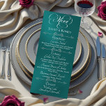 Wedding Menu & Thank You - Teal<br><div class="desc">The Wedding Menu is on the front and a Thank You message for your guests is on the back. Designed to coordinate with the "Romantic Scroll Hearts & Calligraphy" Wedding Collection. To change details, click «Personalize». To move the text or change the text size, font, or color click «Click to...</div>