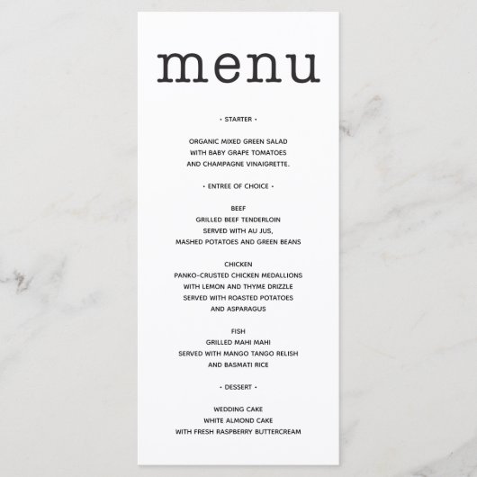 Wedding Menu - Vrijgezellenfeest Menu - Type (Voorkant)