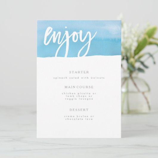 Wedding-menukaart, blauwe Waterverf Menu (Staand voorkant)