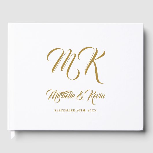 Wedding met Elegant Classy Gold Script & White Gastenboek (Voorkant)