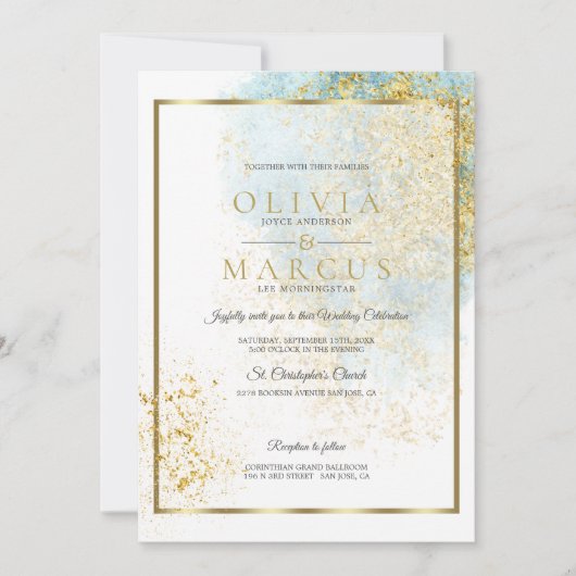 Wedding Modern Blue and Gold Waterverf Splash Kaart (Voorkant)