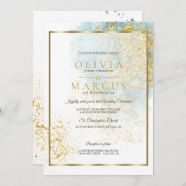 Wedding Modern Blue and Gold Waterverf Splash Kaart