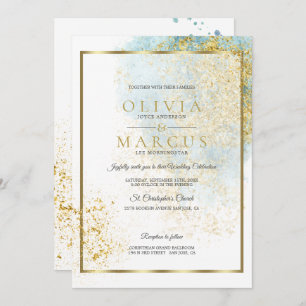 Wedding Modern Blue and Gold Waterverf Splash Kaart