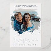 Wedding Modern Brushstroke Photo Engaged Couple Folie Uitnodiging (Voorkant)