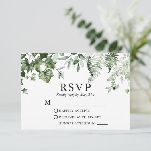 Wedding Modern Elegant Botanical Ivy Greenery RSVP Kaartje (Staand voorkant)