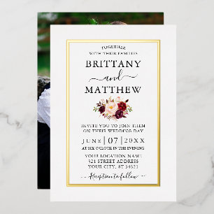 Wedding Modern Elegant Burgundy Floral Foto Gold Folie Uitnodiging