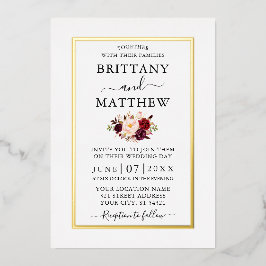 Wedding Modern Elegant Burgundy Floral Gold Folie Uitnodiging