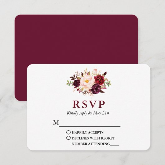 Wedding Modern Elegant Burgundy Floral RSVP Kaartje (Voorkant / Achterkant)