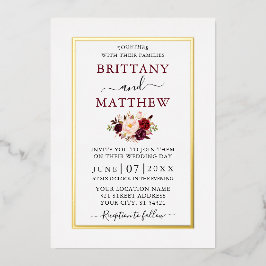 Wedding Modern Elegant Floral Burgundy Gold Folie Uitnodiging