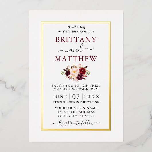 Wedding Modern Elegant Floral Burgundy Gold Folie Uitnodiging (Voorkant)