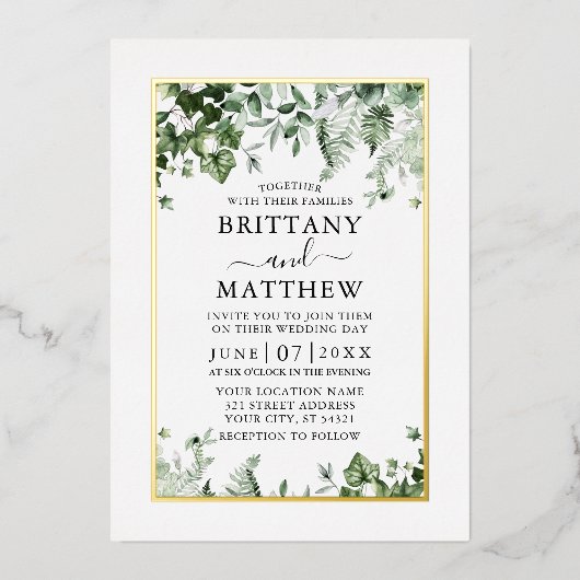Wedding Modern Elegant Ivy Sage Greenery Gold Folie Uitnodiging (Voorkant)