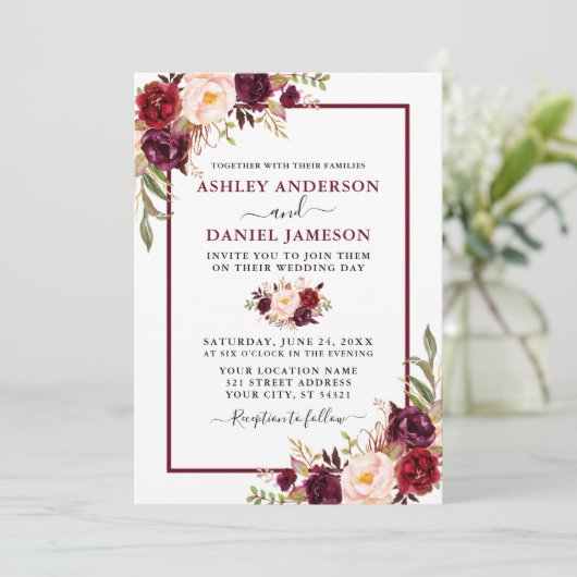 Wedding Modern Waterverf Burgundy Floral Foto Kaart (Staand voorkant)