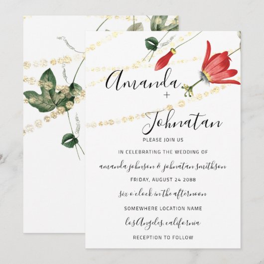 Wedding Modern White Floral Ivy Gold Kaart (Voorkant / Achterkant)