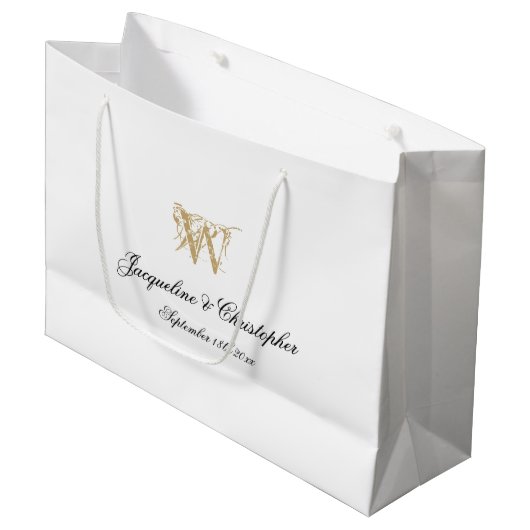 Wedding Monogram Elegant Chic White Gold Classy Groot Cadeauzakje (Voorkant Gekanteld)