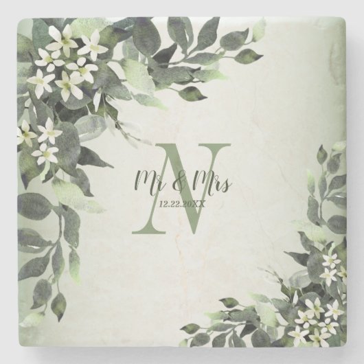 Wedding Monogram Greenery Floral Leaves Stenen Onderzetter (Voorkant)