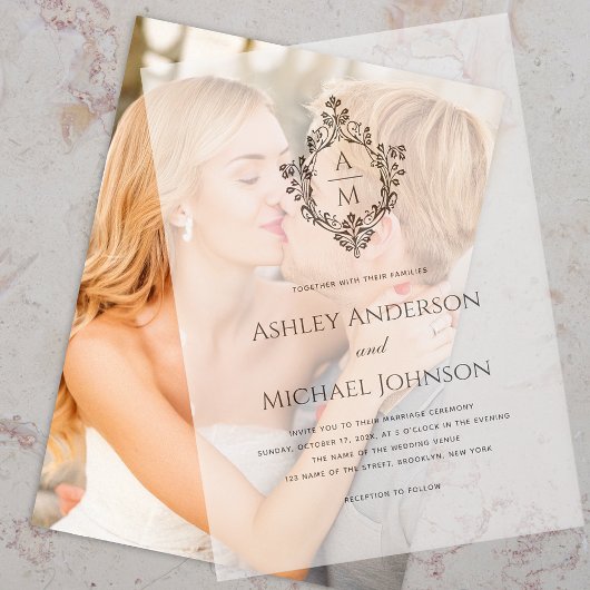 Wedding Monogram in Crest Black and White Elegant Vellum Uitnodigingen