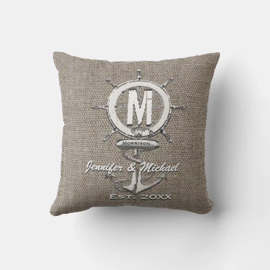 Wedding Monogram Rustic Linen Anchor Kussen (Achterkant)