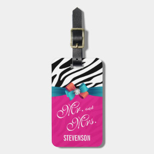 Wedding Mr en Mrs. - Elegant Zebra Print Hot Pink Bagagelabel