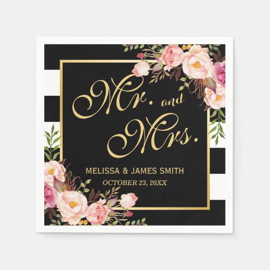 Wedding Mr. en Mrs. Floral Gold Lijst Stripes Servetten (Voorkant)