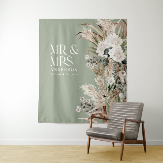 Wedding Mr. en Mrs. pampas gras modern elegant Wandkleed (In situ)