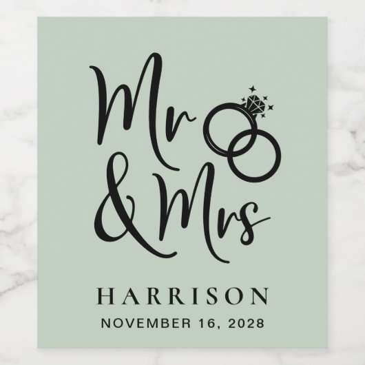 Wedding Mr. Mrs. Sage Green Wijn Etiket (Enkel label)