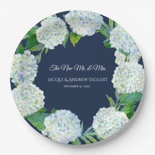 Wedding Mr. n. Navy Blue White Hydrangea Wreath Papieren Bordje