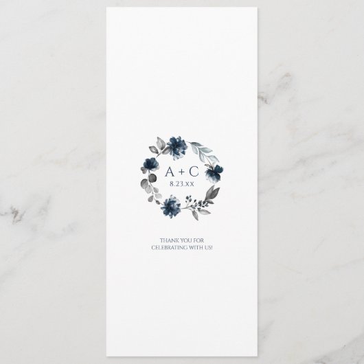 Wedding Navy Blue Floral Greenery Silver Menu (Achterkant)