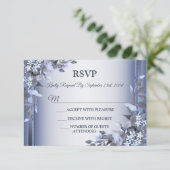 Wedding Navy Blue Floral Silver Gray Party RSVP Kaartje (Staand voorkant)