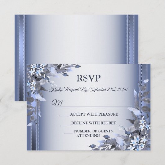 Wedding Navy Blue Floral Silver Gray Party RSVP Kaartje (Voorkant / Achterkant)