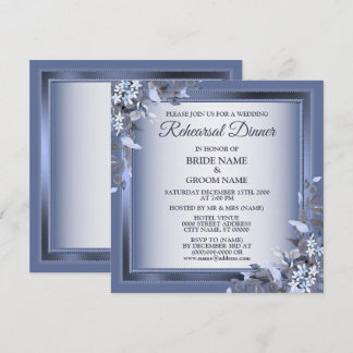 Wedding Navy Blue Floral Silver Rehearsal Dinner Kaart