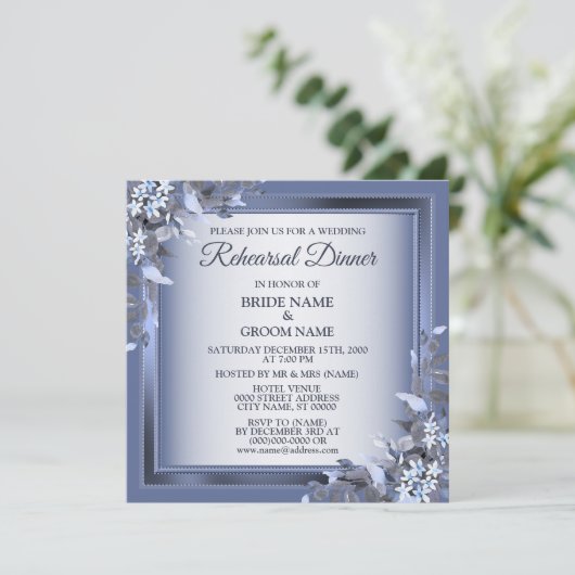 Wedding Navy Blue Floral Silver Rehearsal Dinner Kaart (Staand voorkant)