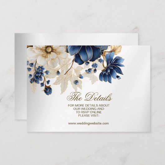 Wedding Navy Blue White Golden Floral Silver Informatiekaartje (Voorkant / Achterkant)