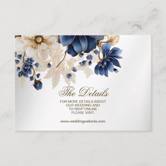 Wedding Navy Blue White Golden Floral Silver Informatiekaartje (Voorkant)