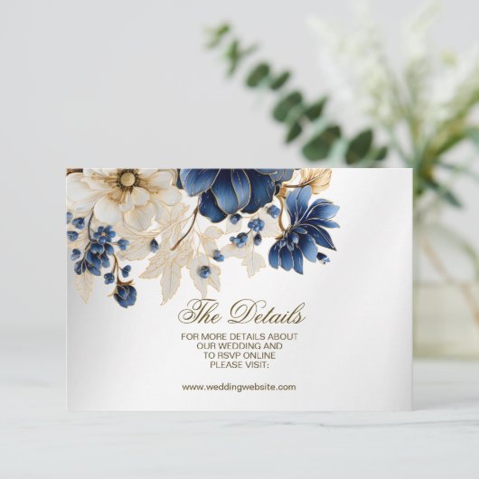 Wedding Navy Blue White Golden Floral Silver Informatiekaartje (Staand voorkant)