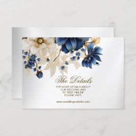 Wedding Navy Blue White Golden Floral Silver Informatiekaartje