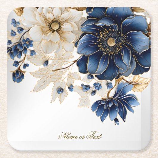 Wedding Navy Blue White Golden Floral Silver Kartonnen Onderzetters (Voorkant)