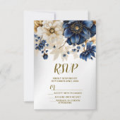Wedding Navy Blue White Golden Floral Silver RSVP Kaartje (Voorkant)