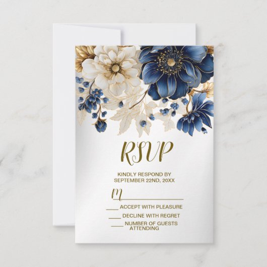 Wedding Navy Blue White Golden Floral Silver RSVP Kaartje (Voorkant)