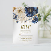 Wedding Navy Blue White Golden Floral Silver RSVP Kaartje (Staand voorkant)