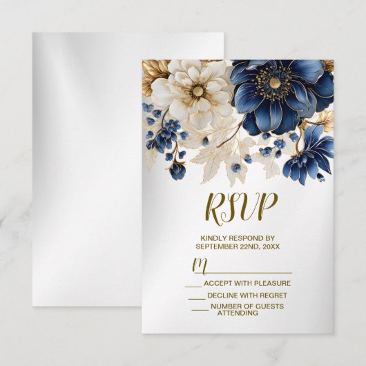 Wedding Navy Blue White Golden Floral Silver RSVP Kaartje (Voorkant / Achterkant)