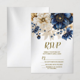 Wedding Navy Blue White Golden Floral Silver RSVP Kaartje