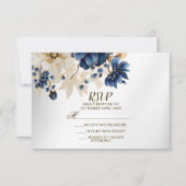 Wedding Navy Blue White Golden Floral Silver RSVP Kaartje (Voorkant)