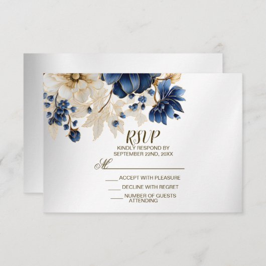 Wedding Navy Blue White Golden Floral Silver RSVP Kaartje (Voorkant / Achterkant)