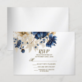 Wedding Navy Blue White Golden Floral Silver RSVP Kaartje
