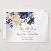 Wedding Navy Blue White Golden Floral Silver Save The Date (Voorkant)