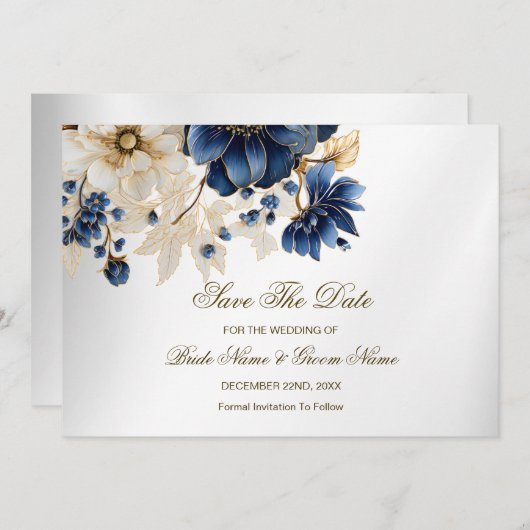 Wedding Navy Blue White Golden Floral Silver Save The Date (Voorkant / Achterkant)