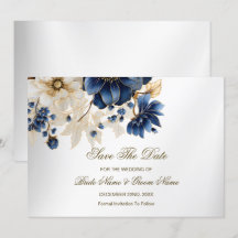 Wedding Navy Blue White Golden Floral Silver