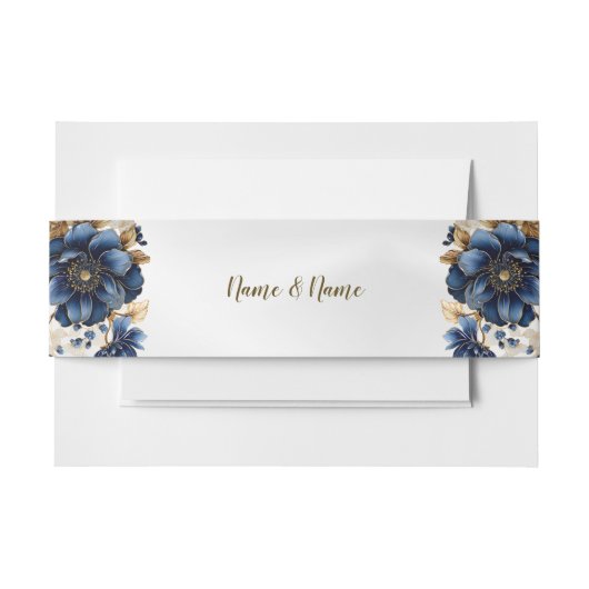 Wedding Navy Blue White Golden Floral Silver Uitnodigingen Wikkel (Voorkant Voorbeeld)