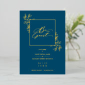Wedding Navy Trendy Modern Branches Frame Photo Folie Uitnodiging (Staand Voorkant)